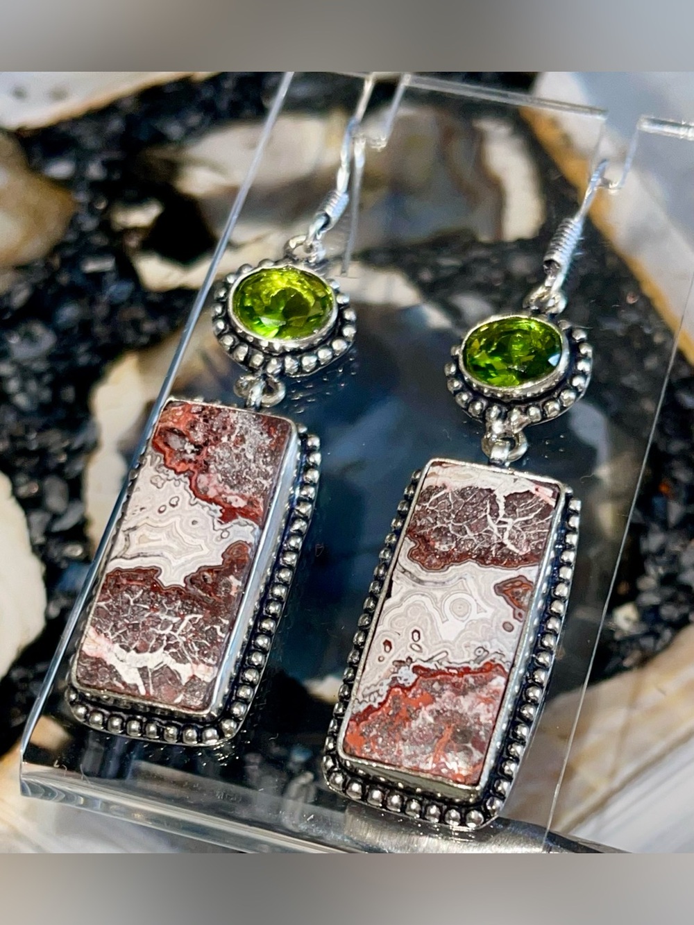 Beautiful Crazy Lace Agate Earrings 2 1/2”